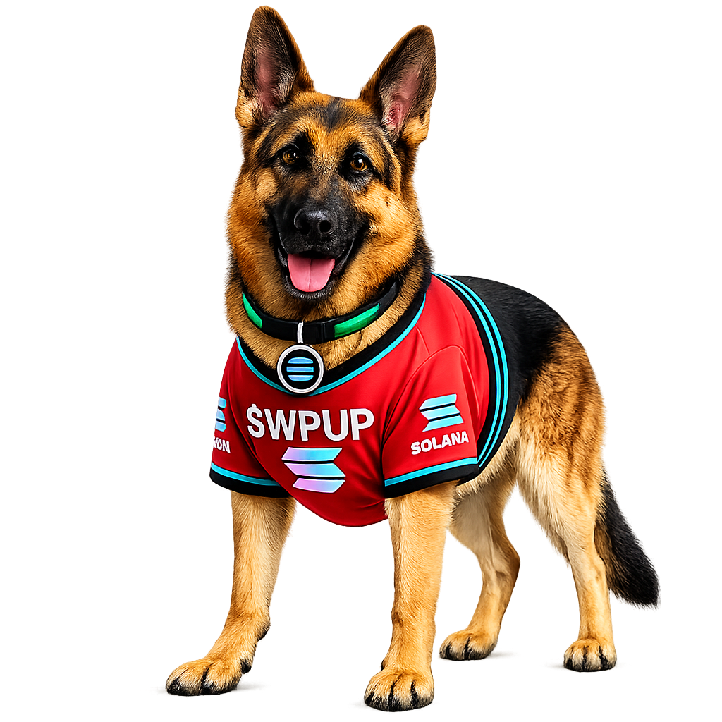 German Shepherd in red $WPUP soccer jersey — The Defender